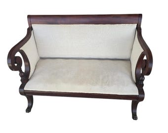 Antique Empire Mahogany Scroll Arm Horsehair Upholstered Settee, Circa 1840–1860