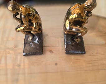 Vintage Rodin Thinker Bookends | Bronze Finish Cast Metal Book Ends | Library Decor | Dark Academia | Office Shelf Decor