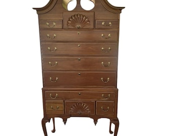 Title: Vintage Queen Anne Highboy Dresser | Bonnet Top Tall Chest | Shell Carved Traditional Bedroom Furniture