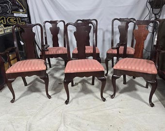 Juego de 8 sillas de comedor estilo Reina Ana de madera de caoba con 2 sillones, estilo vintage.