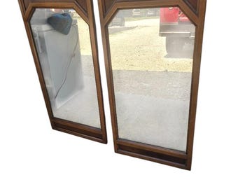 Pair of Vintage Mid Century Modern Walnut Geometric Wall Mirrors, 47" Tall