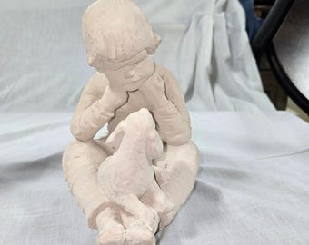 Escultura vintage de Austin Productions de 1983: Niño con perro, estatua de resina de yeso de 9 pulgadas, T44