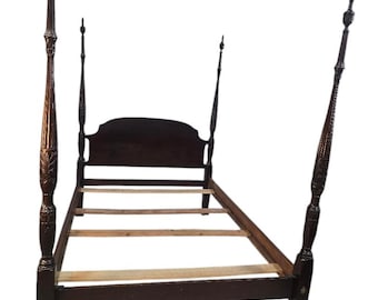 Title: Vintage Mahogany Queen Poster Bed | Traditional Carved Four Poster Bed Frame
