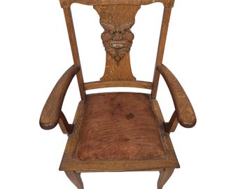 Antique Carved Oak Gothic Revival Armchair w/ Devil Mask Back, Arts & Crafts c.1900