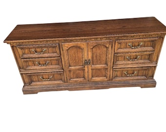 Vintage Dixie Oak 9 Drawer Dresser Buffet | Traditional Credenza | Solid Wood Sideboard | Farmhouse Storage Cabinet