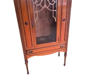 Antique Edwardian Oak Display Cabinet, Curio Cabinet, Glass Door Cabinet, Wood Scrollwork Cabinet, Arts & Crafts Furniture