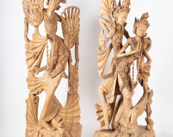 Monumental Hand Carved Balinese Wood Sculptures of Rama & Sita with Dancer Goddess – 42” Tall