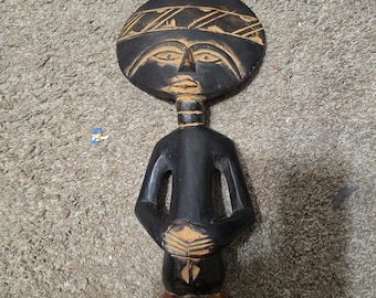 Vintage Hand Carved African Tribal Woman Sculpture 18" Ebony Wood Figure | Mid Century Folk Art | Handmade African Decor-OF