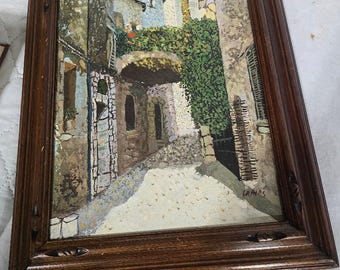 Pintura al óleo original vintage de LAMAS: Escena callejera de un pueblo mediterráneo, arte texturizado con espátula, marco de madera rústica