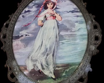 Vintage Oval Wall Plaque Romantic Lady Print Convex Glass Ornate Metal Frame-T41