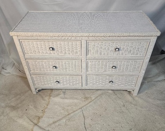 Vintage White Wicker Dresser Coastal Rattan Chest Palm Beach Cottage Style Furniture