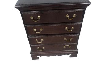 Title: Vintage Traditional Dark Cherry Bachelor Chest | 4 Drawer Nightstand | Brass Hardware Accent Cabinet