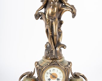 French Art Nouveau Gilt Bronze Figural Clock – Signed Ferrand – Nautical Onyx Mantel Clock – Circa 1900