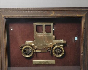 Vintage Cadillac Shadowbox Wall Art Pair 1908 & 1918 Framed 3D Metal Automobile Displays Automobilia Garage Man Cave Decor