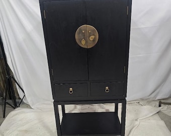 Black Lacquer Chinoiserie Cabinet | Asian Style Bar Cabinet | Hollywood Regency Storage Armoire