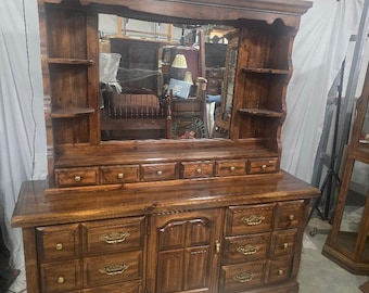 Vintage Rustic Wood Dresser with Mirror Hutch, Southwestern Bedroom Furniture, Large Storage Dresser