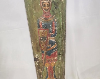 Vintage Medieval Knight Folk Art Wood Panel – Hand Painted European Rustic Wall Art – 47” Tall
