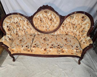 Vintage Victorian Style Settee Sofa | Carved Wood Kimball Couch | Ornate Triple Back Sofa