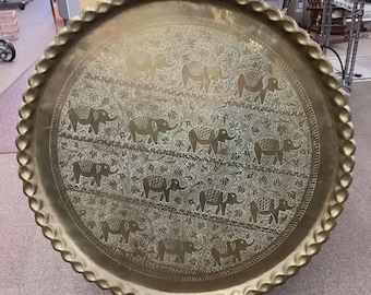 Vintage 38” Engraved Brass Elephant Tray Extra Large Asian Wall Décor