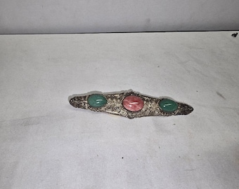 3 3/4" Long Sterling Silver Jade Rhodochrosite Stone Ornate Bar Pin Brooch -d1