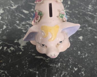Vtg Pink Floral Piggy Bank, Ceramic Porcelain Pig Coin Bank, Japanese Style Nursery Decor, Cottagecore Collectible, Retro Pig Figurine-T42