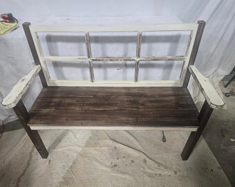 Rustic Farmhouse Window-Back Bench, Distressed Wood Entryway Bench, Architectural Salvage Mudroom or Porch Seating