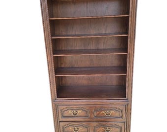 Vintage Henredon Oak Bookcase with 4 Drawers | Traditional Library Cabinet | Display Shelf