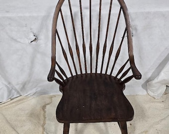 Vintage Windsor Bow Back Armchair | Solid Wood Farmhouse Captain's Chair | Colonial Country Dining Chair | Rustic Primitive Accent Seating
