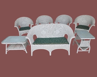 Vintage White Wicker Sunroom Set, Coastal Patio Furniture, Loveseat and 4 Barrel Chairs, Cottage Porch Seating, Glass Top Tables