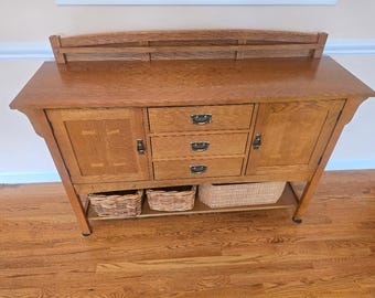 Vintage Bassett Mission Oak Sideboard Buffet | Arts & Crafts Craftsman Server Cabinet | Oak Console Storage Cabinet