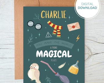 Wizard School Birthday Card – Editable Magical Party Greeting, Printable Canva Template, Instant Download