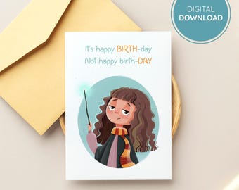 Bookish Witch Birthday Card – Printable Fantasy Greeting, Editable Wizard Template, Instant Digital Download