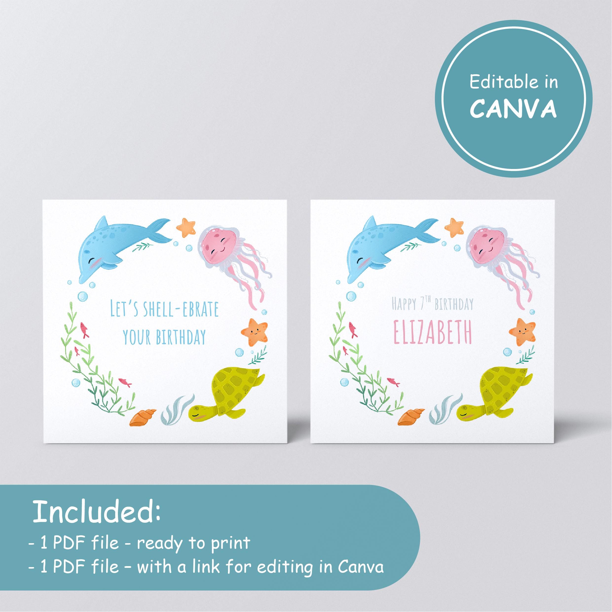 Editable Sea Animals Birthday Card | Customizable Ocean Theme Birthday ...