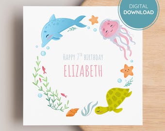 Sea Animals Birthday Template, Ocean Theme Party Card for Kids, Printable Digital Download