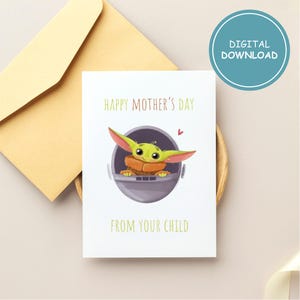 Cartão de Dia das Mães para Imprimir | Saudação Fofa para Bebê Alienígena Verde | Cartão Engraçado de Ficção Científica para Mãe | Download Instantâneo | Cartão Digital Espacial