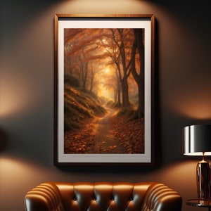 Può includere: Una stampa artistica incorniciata raffigurante un sentiero attraverso una foresta in autunno. L'opera presenta toni caldi di arancione e marrone, con la luce del sole che filtra attraverso gli alberi. Sotto, una poltrona in pelle marrone.