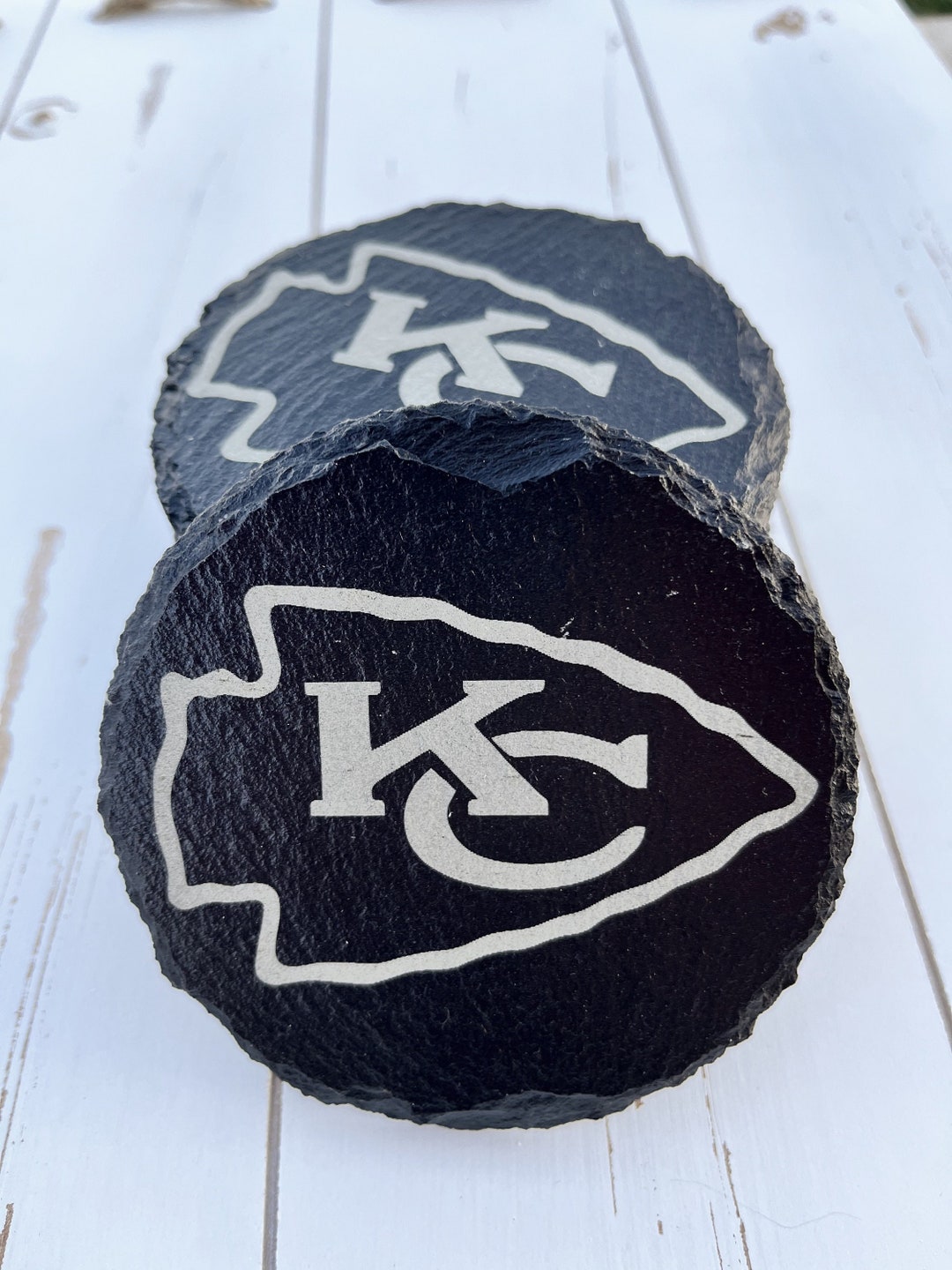KC Chiefs Logo Slate Coasters, Laser Engraved, Football Memorabilia