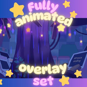 May include: A purple and blue animated overlay set with a large tree, stars, and the text "Fully animated overlay set".