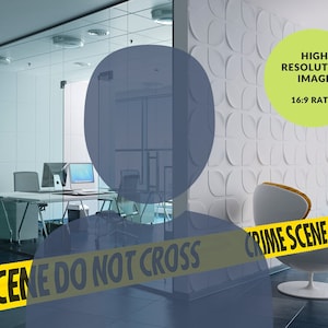 May include: A crime scene in an office with yellow caution tape that reads "CRIME SCENE DO NOT CROSS". There are two chairs and a gun on the floor. The office is modern with glass walls and a view of a city.