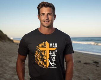 T-shirt man van de leeuw van het geloof | Christelijke overhemdcadeaus Unisex Heren Geloof Bijbel Religieus Bidden