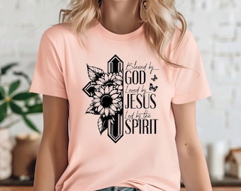Gezegend door God, geliefd door Jezus, geleid door de geest T-shirt | Christelijk shirt cadeaus Unisex Dames Geloof Bijbel Religieus Bidden