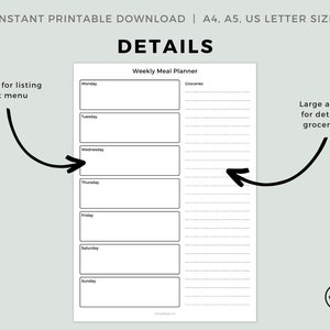 Planificateur de repas imprimable Planification des repas PDF imprimable Téléchargement instantané A4, A5, Lettre image 3