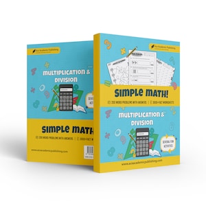 May include: Two blue and yellow book covers with the title "Simple Math!" and "Multiplication & Division". The covers feature illustrations of a calculator, pencils, and numbers.