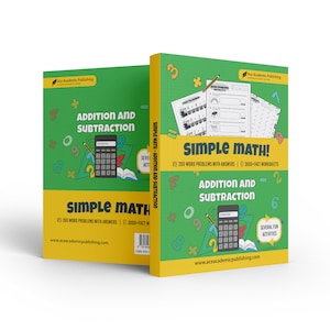 May include: Two green and yellow workbooks titled "Simple Math!" with the subtitle "Addition and Subtraction". The cover of the book on the left features a calculator and the cover of the book on the right features a calculator and several fun activities.