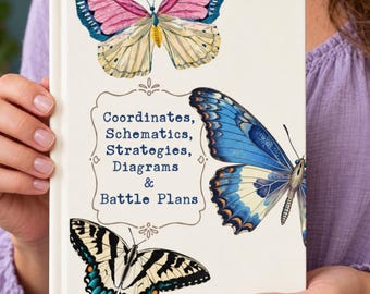 Op de afbeelding: Een wit hardcover boek met drie kleurrijke vlinders en de tekst Coordinates, Schematics, Strategies, Diagrams & Battle Plans gedrukt in een decoratief kader op de voorkant. De vlinders zijn roze, blauw en geel van kleur.