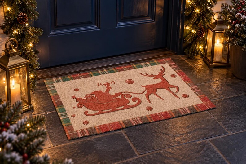 K&ouml;nnte beinhalten: Eine rechteckige Fu&szlig;matte mit naturfarbener Mitte, die eine rote Silhouette des Weihnachtsmanns im Schlitten mit Rentier sowie kleine Schneeflockenmotive zeigt. Die Matte hat einen rot-gr&uuml;n-beigen Karorand an allen vier Seiten.