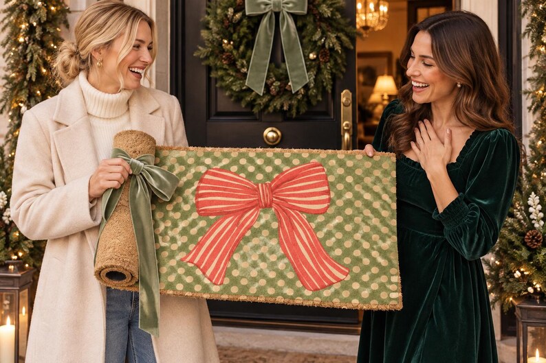 May include: A rectangular coir doormat featuring a green background with a pattern of light green polka dots and a large, central red and white striped bow graphic. The mat has a natural fibre texture and a distinct, rough-edged border design.