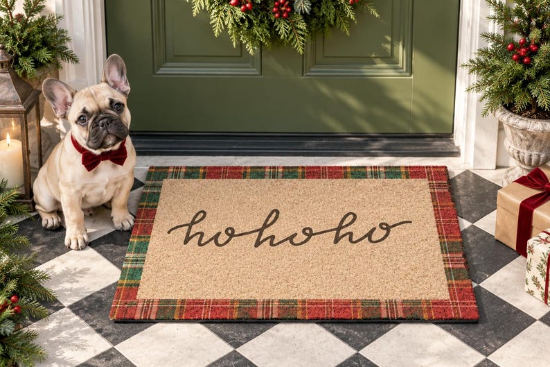 Puede incluir: Un felpudo rectangular con un centro color canela que presenta el texto negro en cursiva hohoho. La alfombra est&aacute; bordeada por un patr&oacute;n de cuadros rojos y verdes. Un bulldog franc&eacute;s de color leonado con pajarita de terciopelo rojo oscuro.