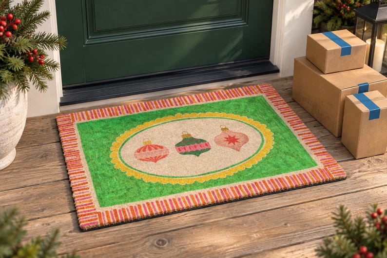 May include: A rectangular doormat featuring a bright green center with a central oval containing three illustrated Christmas ornaments in red, green, and pink. The mat has a decorative border with alternating red and orange vertical stripes.