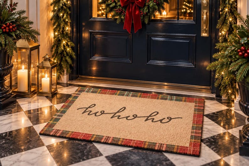 Puede incluir: Un felpudo rectangular de fibra de coco color canela con un borde de cuadros rojos, verdes y negros. El centro de la alfombra muestra el texto "hohoho" escrito en una fuente cursiva negra. La alfombra est&aacute; colocada sobre un suelo de cuadros.